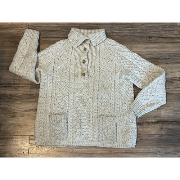 Vintage Gene of Donegal Irish Fisherman Sweater Cream Cable Knit Wool M Womans - Picture 2 of 9